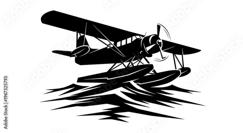 Vintage Seaplane Biplane on Water Woodcut Black and White.