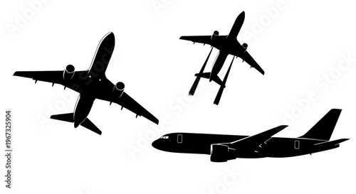 Three distinct airplane silhouettes in various flight positions against a white background, showcasing different aircraft types and angles.