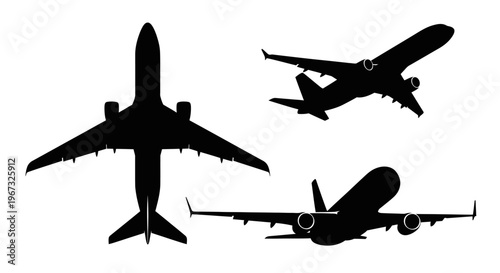 Three distinct airplane silhouettes in various flight positions against a clean white background, showcasing different angles of aircraft in motion.