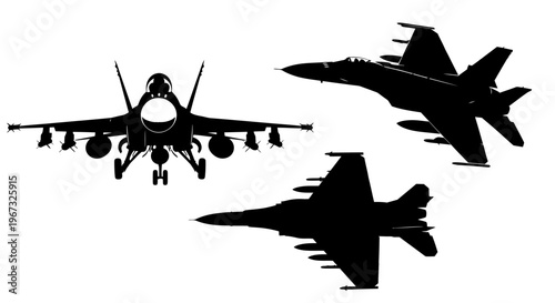 Three fighter jet silhouettes in various flight positions.