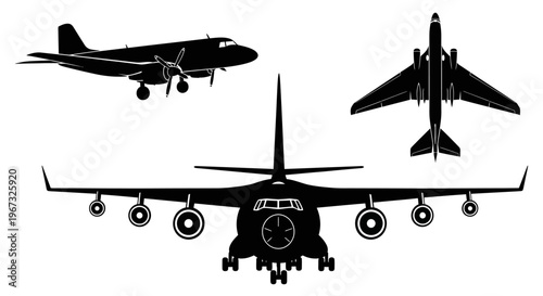 Three distinct airplane silhouettes showcasing various aircraft types and perspectives on a white background.