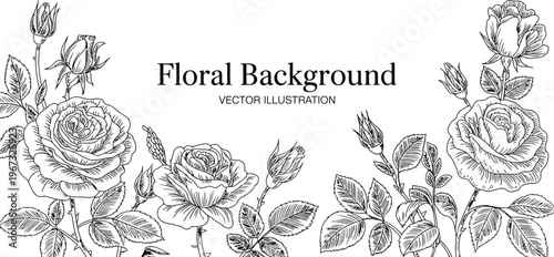 Luxury rose flower line art background, elegant floral leaf frame design for wedding card summer vintage bouquet pattern vector illustration for nature spring theme.