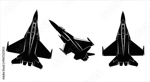 Three jet fighter silhouettes in various aerial perspectives.