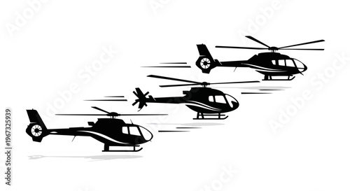 Three helicopters flying in a dynamic, stylized black and white illustration.