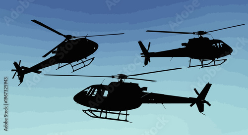 Three helicopters in silhouette against a clear sky, showcasing their distinct forms in flight.