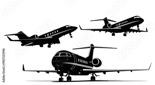 Three private jets in various flight positions, black and white illustration.