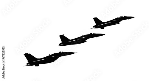 Three fighter jets in formation flying across a clear sky.