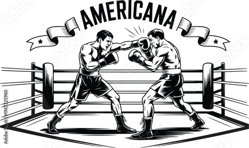 Vintage boxing illustration, two fighters in ring, Americana banner, retro sports artwork, strength, gloves, trunks, athletic contest, combat competition design