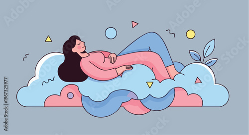 Peaceful woman relaxing on soft, cloud-like shapes, embodying comfort, tranquility, and mental well-being in a serene, dreamy illustration.