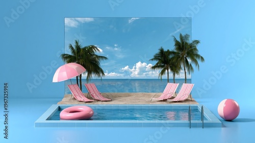Summer Scene With Beach Chairs, Palm Trees, and Pool in Bright Location
