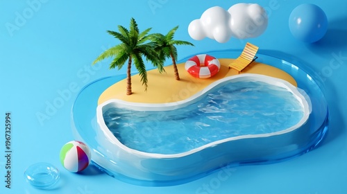 Summer Scene With Beach Chairs, Palm Trees, and Pool in Bright Location