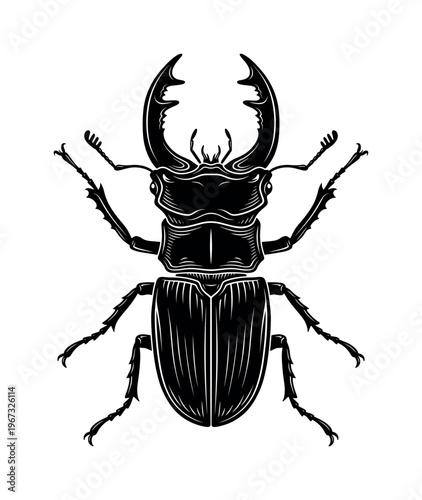 A detailed stag beetle illustration in a bold black and white graphic style. This powerful insect vector is perfect for logos, tattoos, prints, and entomology designs.