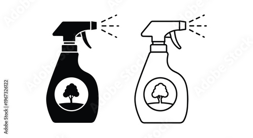 Two spray bottles with tree labels depicted in a stark silhouette