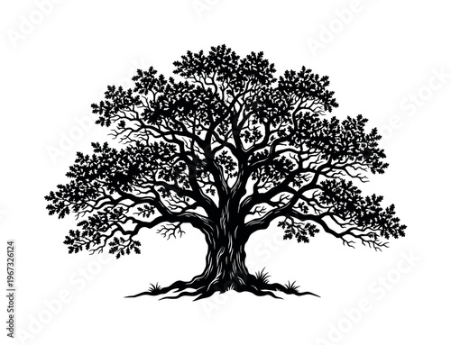 Black silhouette of a mighty oak tree. This detailed vector graphic with roots and branches symbolizes life, growth, and strength. Ideal for a logo or nature-themed emblem.