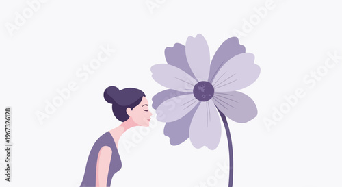 Minimalist illustration of a serene woman with a bun gently smelling a large purple flower, depicting beauty, nature, and tranquility.