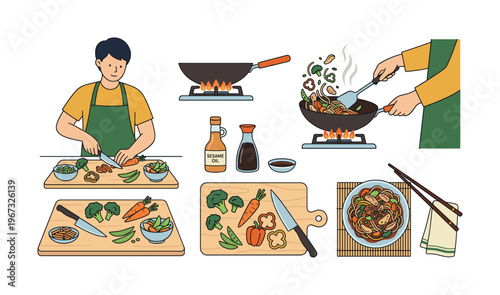 Man cooking Asian food. A vector illustration set shows the process of making stir-fry, from chopping vegetables to serving a noodle dish. Perfect for recipes and food blogs.