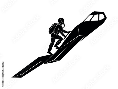 A military pilot in a flight suit boards a futuristic stealth jet. Minimalist vector graphic representing aviation, technology, adventure, and secret missions.