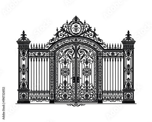 Black silhouette of an elegant, forged gate with intricate baroque ornaments and a crown. Vector illustration for luxury, security, or architectural design concepts.