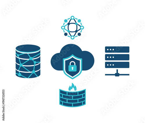 Vector icon set for cybersecurity, cloud computing, and data protection. Featuring firewall, server, and network symbols. For technology concepts and IT security presentations.