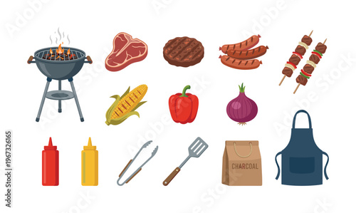 Vector set of barbecue icons. Includes grill, meat, vegetables, and tools for a summer cookout. Perfect for party invitations, menus, and outdoor event promotion.