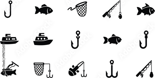 Set of Fishing Icons Boat, Fish, Hook, Net, Rod, and Anchor for Angling and Aquatic Recreation