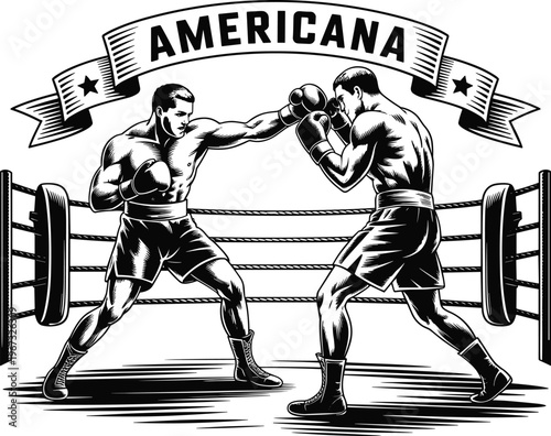 Vintage boxing illustration, two fighters in ring, Americana banner, sports competition artwork, strength, gloves, trunks, athletic contest, retro design
