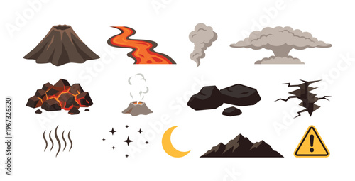 Collection of vector icons depicting volcanic eruption and natural disaster elements. Features volcano, lava, smoke, earthquake, and warning sign for educational or design use.