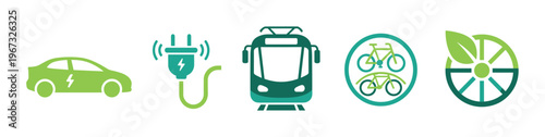 A set of green transport icons for sustainable urban mobility. Includes electric car, charging, tram, and bicycle symbols. Vector illustration for eco-friendly concepts.