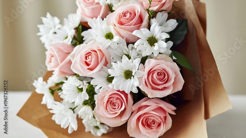 Bouquet of Pink Roses and White Flowers Arranged in Simple Brown Paper