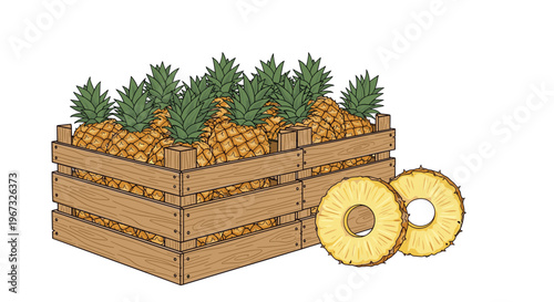 Large wooden crate overflowing with fresh ripe pineapples and two round fruit slices placed in front on a white background.