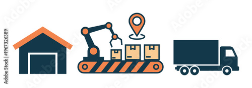 Vector illustration of the logistics process. Icons include a warehouse, robotic conveyor, and delivery truck, symbolizing the entire supply chain from order to shipment.