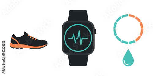 Vector icon set for fitness and health tracking. Includes a sneaker, smartwatch with heart rate monitor, and a hydration symbol. Perfect for apps, websites, and infographics.