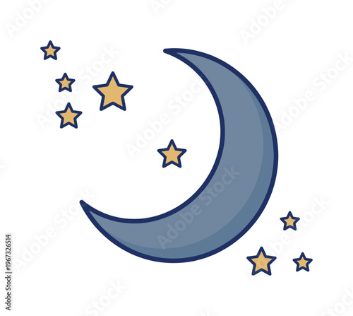 A simple vector icon of a blue crescent moon and yellow stars. Represents night, sleep, dreams, and weather. Ideal for children's designs, apps, and lullaby themes.