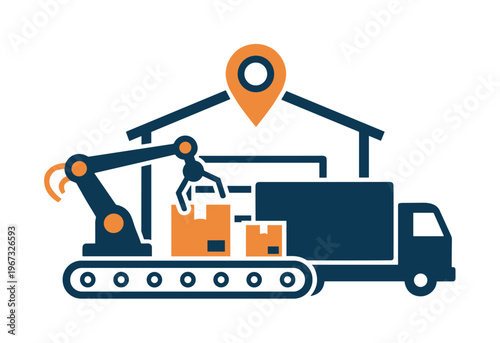 Icon of automated warehouse logistics with robotic arm loading boxes from conveyor to a truck. Symbol of smart delivery, supply chain, and modern fulfillment technology.