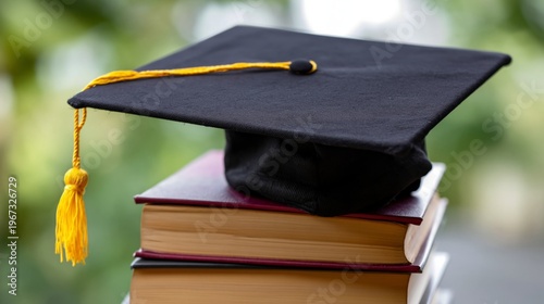 Graduation Cap on Top of Stacked Books Outdoors in Bright Light
