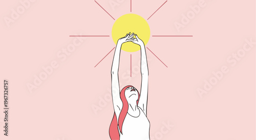 Woman reaching up to the sun with arms stretched, symbolizing hope, positivity, and new beginnings