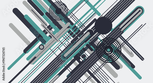 Abstract geometric background composed of various intersecting lines, circles, and rounded bars in a modern teal and grey color palette.