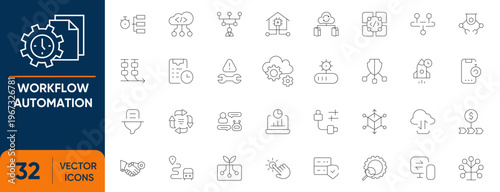 Workflow Automation Icon Set. Containing Integration, Business Process, Digital Logic, Data Efficiency, Robotic Software and more. Editable vector Line icons collection.