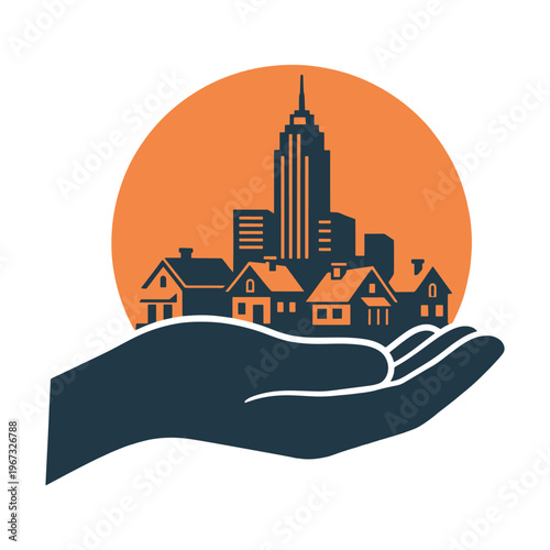 Hand holding a city skyline with buildings and an orange sun in a circle vector illustration.