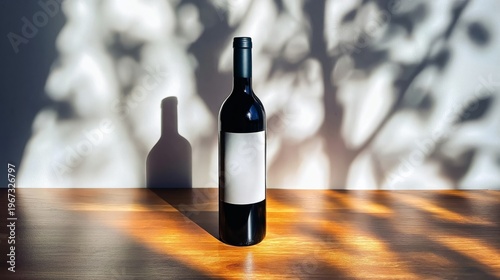 Red Wine Bottle Stands on Wooden Table With Light Shining Through Trees in th...
