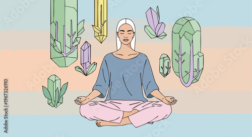 Woman meditating peacefully surrounded by colorful healing crystals, symbolizing balance, wellness, and spiritual growth