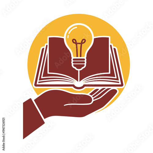 Hand holding an open book with a glowing light bulb icon inside a circle vector illustration.
