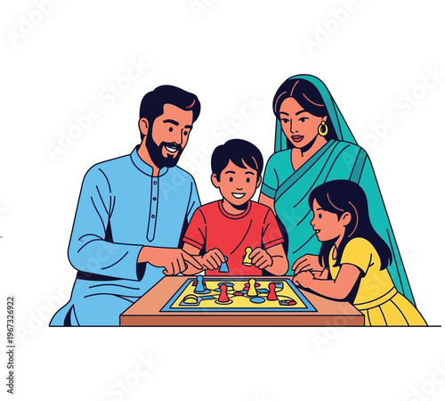 Family playing board game together in living room with happy faces