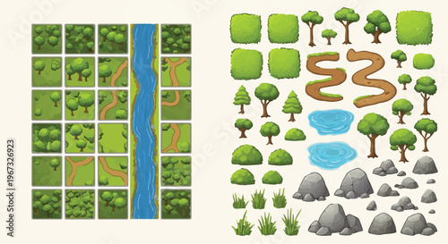Cartoon nature map tiles and landscape elements, green forest game assets with trees and river, modular world building kit for level design