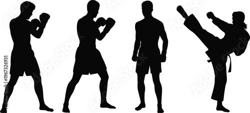 Vintage engraving illustration of boxing and martial arts silhouettes with gloves, sparring, punching, high kick, combat sports artwork concept