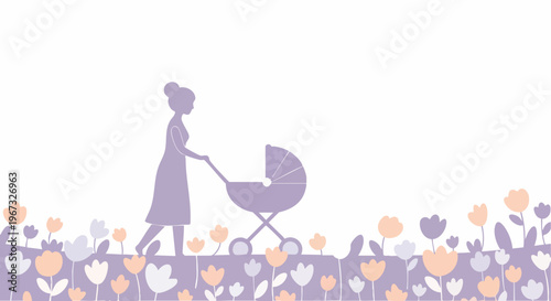Mother pushing a baby stroller through a field of blooming flowers, silhouette illustration
