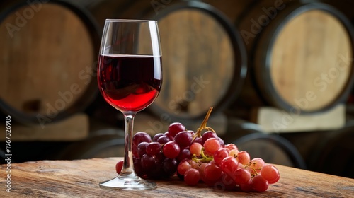 Red Wine and Fresh Grapes on a Wooden Table in a Wine Cellar