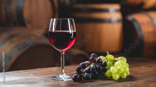 Red Wine and Fresh Grapes on a Wooden Table in a Wine Cellar
