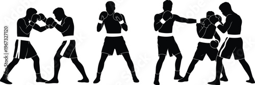 Vintage engraving illustration of boxers silhouettes in fighting stance, sparring, punching, blocking, combat sports training artwork concept design