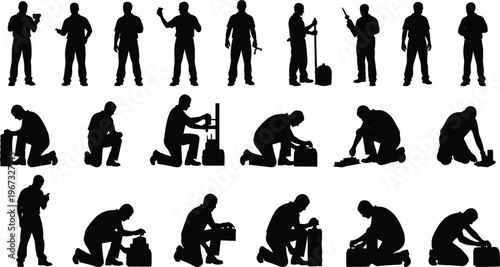 Collection of manual worker silhouettes featuring technicians, repairmen, and construction professionals performing various maintenance tasks,